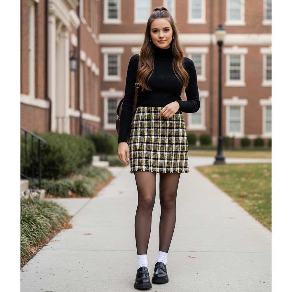Akris Punto Plaid Tweed Mini Skirt Women's 4 Yellow Black Preppy Academia Grunge